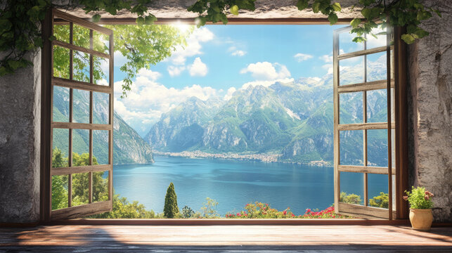 Fototapeta Beautiful Wood window views mountain view nature landscape scene scenery wallpaper backdrop