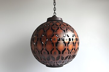Ornate spherical metal pendant lamp hanging from chain