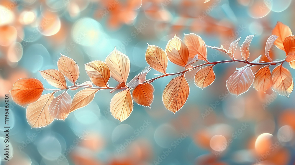 Poster a close-up photograph of a branch with delicate autumn leaves against a soft bokeh background