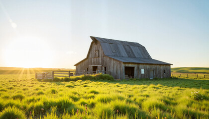 Rustic barn in golden fields at sunset