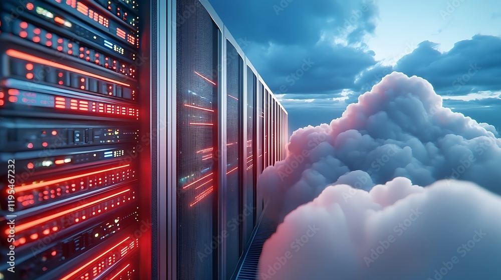 Poster futuristic cloud data center with glowing neon circuits and advanced technology in a dramatic stormy