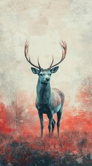 A majestic deer with intricate antlers in a turquoise mountainous landscape against a soft pastel background. Perfect for wall murals, interior decor, and nature-inspired art.