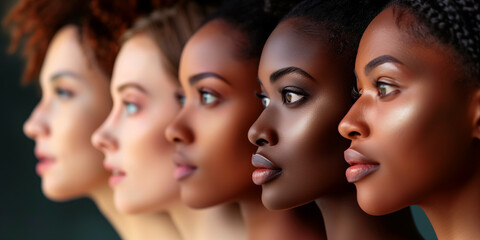 Obraz premium Profile view of five diverse women representing different ethnicities, highlighting beauty in diversity, unity, and individuality in a studio setting