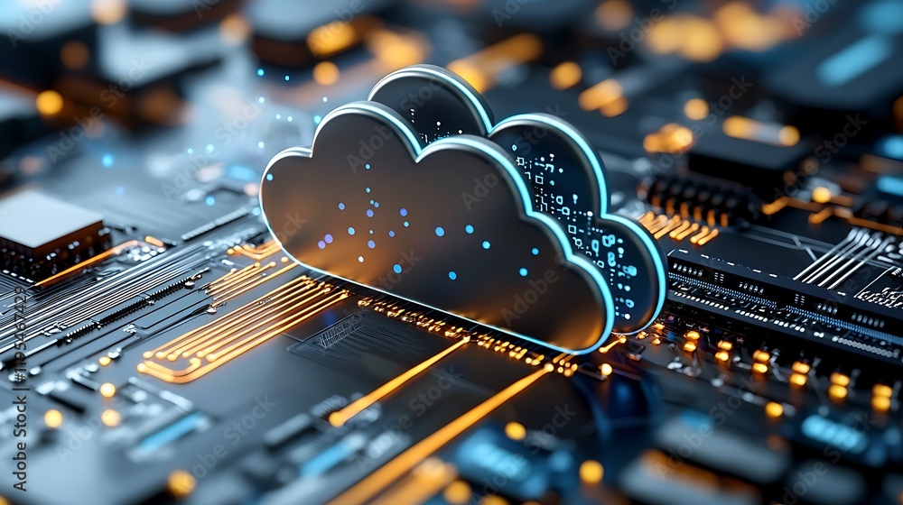 Poster futuristic cloud server grid glowing with digital energy in a dark moody cityscape the interconnecte