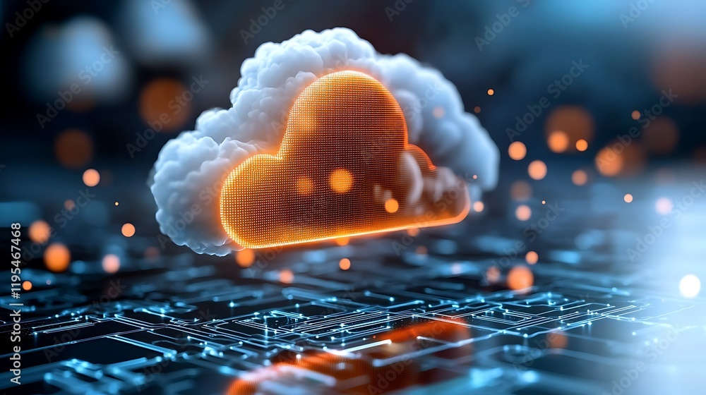 Poster futuristic cloud powered grid infrastructure concept with abstract digital technology elements inclu