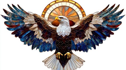 Obraz premium Majestic Eagles in Stained Glass Style, intricate watercolor clipart on a plain white backdrop, high resolution, vibrant and detailed design.