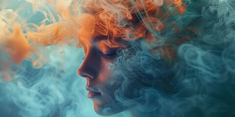 Surreal Portrait of a Young Woman Enveloped in Colorful Smoke Clouds, A Mixture of Dream and Reality