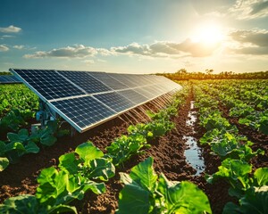 Solar-Powered Irrigation in Sustainable Farming Bright Scenic Landscapes with Renewable Energy