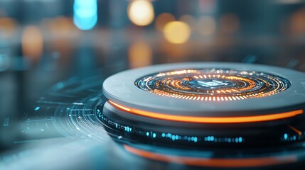 Futuristic Digital Cloud Powered Virtual Studio with Glowing Holographic Interface  Cutting edge technology featuring a dynamic data driven 3D display and control system for a modern