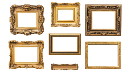 Set of decorative classic wooden picture frames on transparency background, laxury