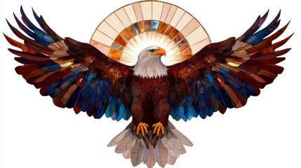 Eagle Elegance in Stained Glass, vibrant watercolor clipart showcasing majestic eagles on a pristine white background, high-resolution clarity.