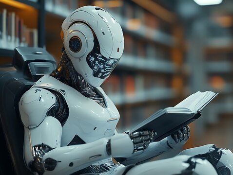 Futuristic robot reading a book in a library.