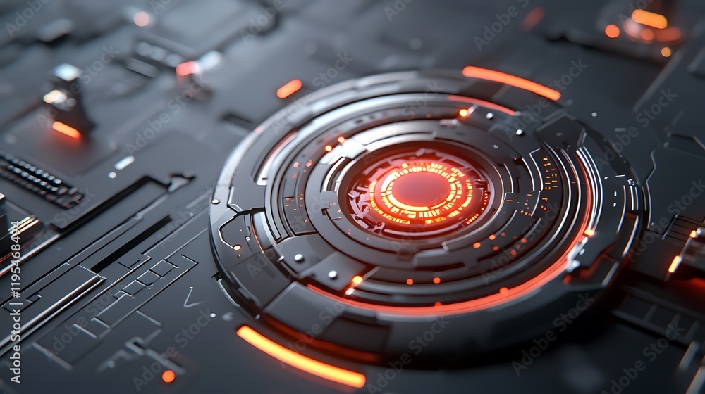 Poster futuristic digital lock interface with glowing breach cracks against an abstract dark high tech back