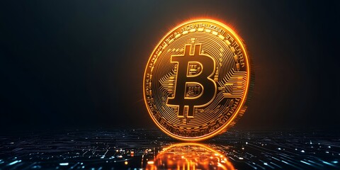Golden Bitcoin Digital Currency Concept - Futuristic Finance, Cryptocurrency Coins, Blockchain Tech Symbol