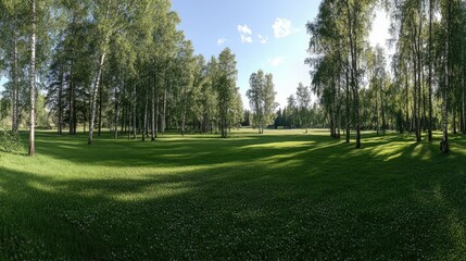 Obraz premium A wide view captures the beauty of a birch forest in spring, showcasing a lively carpet of green grass beneath filtering sunlight