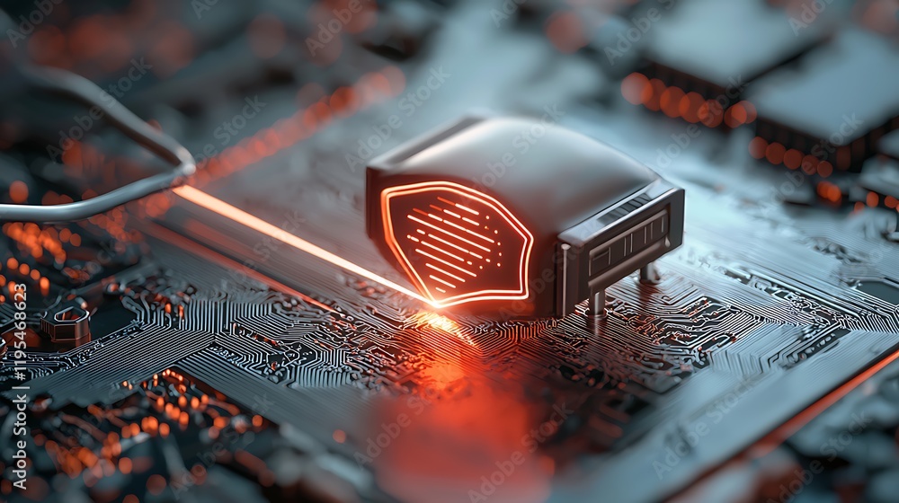 Poster futuristic digital showcasing a glowing laser breach cutting through a complex digital defense syste