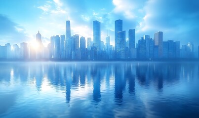 a futuristic financial district with skyscrapers and reflections in glass surfaces
