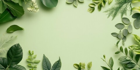 Obraz premium Various types of green leaves are creatively arranged along the edges of a light green surface, showcasing the diversity of plant life and textures