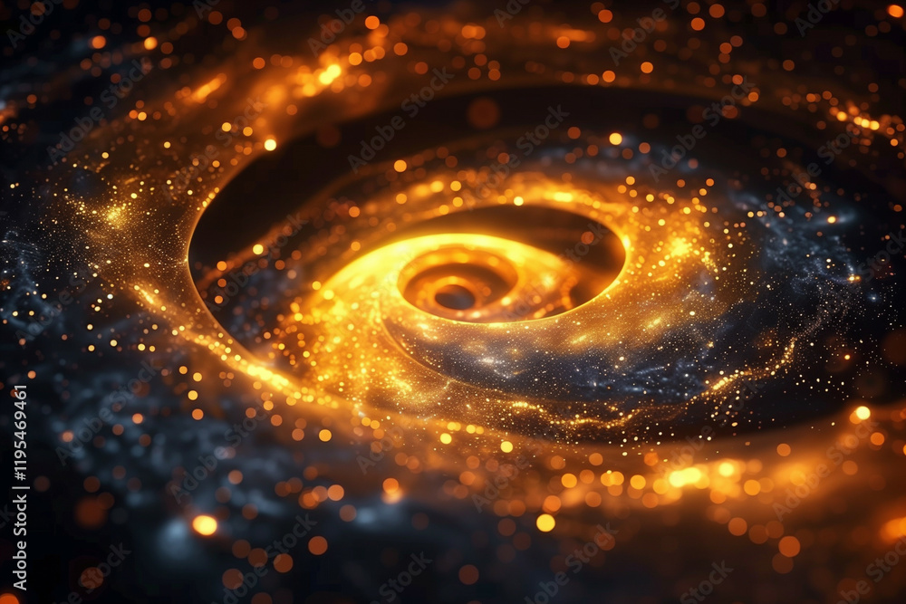 Poster a magical glowing spiral swirl composed of countless sparkling particles, evoking a cosmic whirlpool