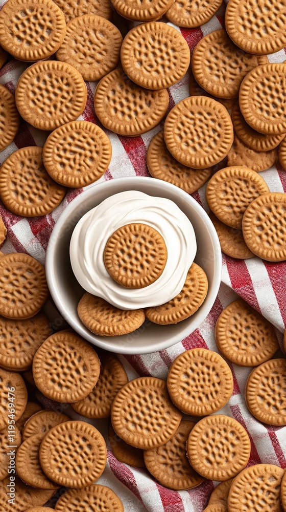 Poster top view of a seamless pattern featuring stacked wafer cookies with chocolate cream filling. ideal b
