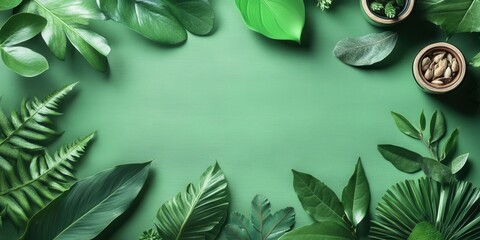 A collection of vibrant green leaves surrounds jars filled with organic nuts, creating an inviting and fresh atmosphere perfect for nature lovers