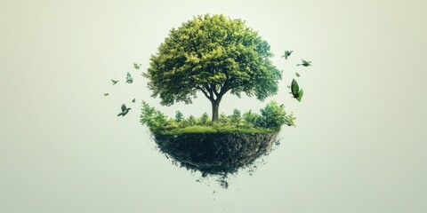 Fototapeta premium A vibrant tree stands on a small piece of earth, gently floating in a tranquil atmosphere, attracting butterflies and framed by lush foliage