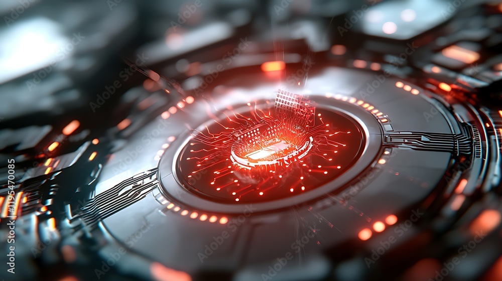 Poster futuristic glowing red neural pathways breaching an system representing the spread and power of inte