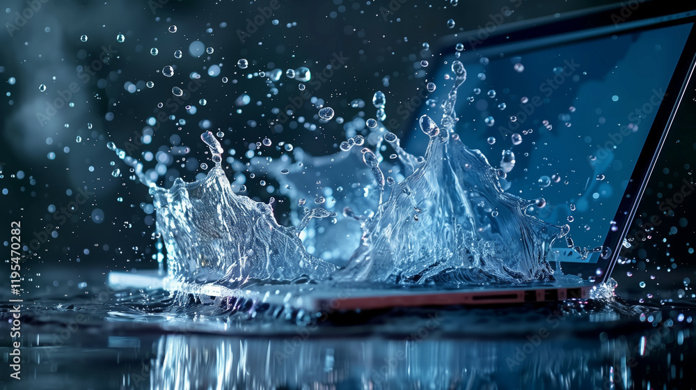 Poster a modern laptop on a dark surface with a dynamic splash of water creating an artistic scene