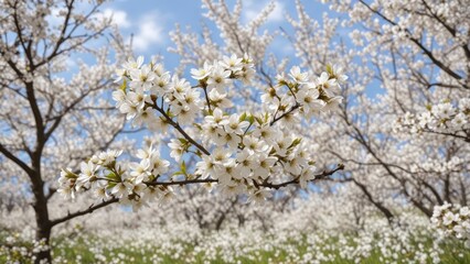 Fototapeta premium A field of white cherry blossoms in full bloom, bloom, white cherry blossoms, nature