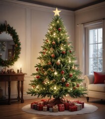 A fragrant and beautifully decorated Christmas tree with a fragrant scent, cozy atmosphere , seasonal decoration, festive aroma