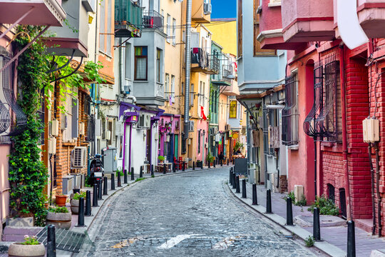 Beautiful colorful houses on a cozy narrow street in Balat district in Istanbul, Turkey