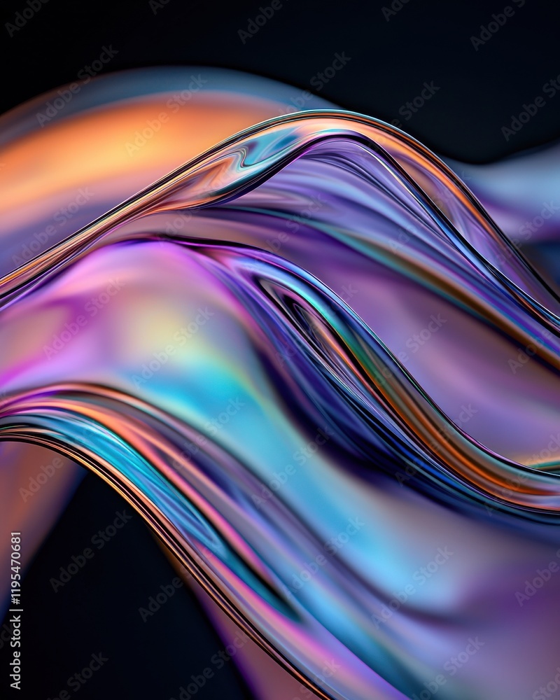 Poster liquidlike metallic waves reflecting iridescent patterns abstract art digital creation dark backgrou