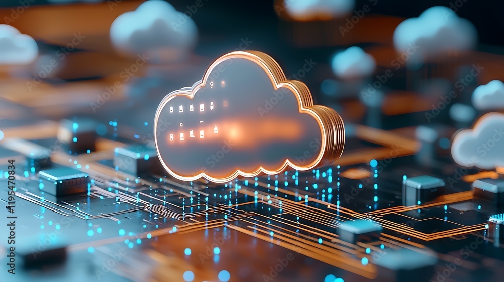 Poster futuristic holographic cloud grid system powering a high tech digital infrastructure network with gl