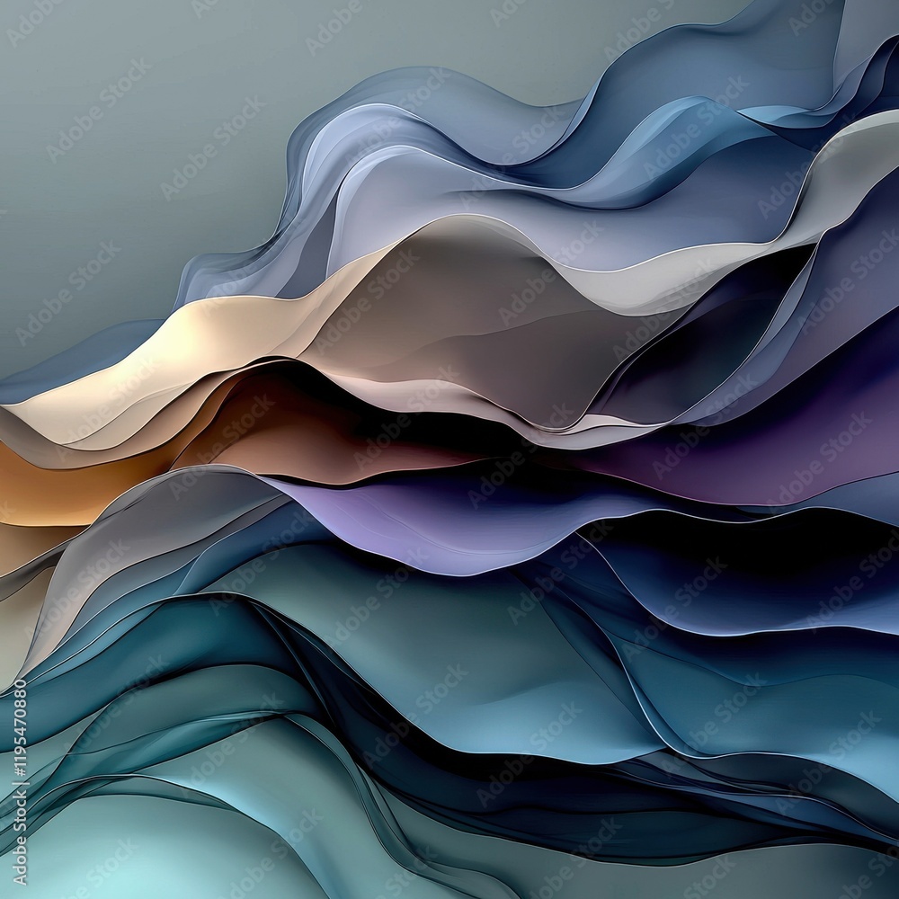 Poster dynamic motion of overlapping translucent waves abstract art digital design soft color palette aeria