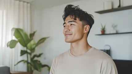 Young Kazakh man smiles in cozy modern living room, embracing morning light and a sense of gratitude for his secure future