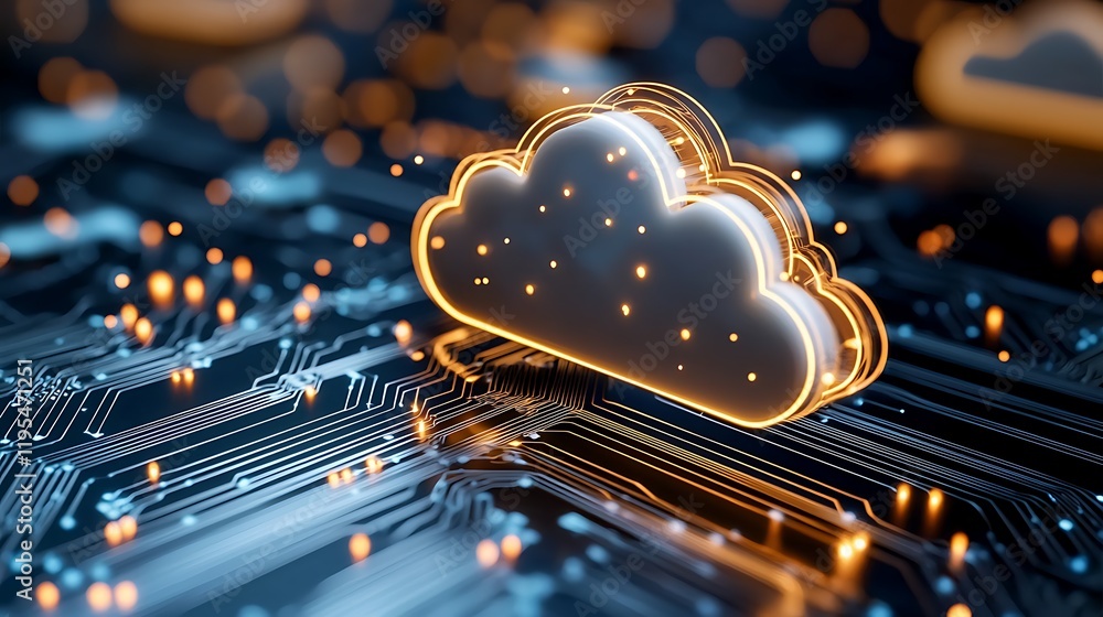 Poster futuristic holographic media hub with a glowing cloud storage node representing the advanced digital