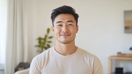Young Kazakh man in cozy living room exudes gratitude and appreciation in morning light with modern decor and personal touches