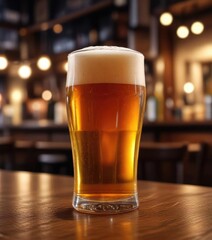 A glass of beer sits on a table with blurred background of a dimly lit pub in the evening, with soft focus effect, peaceful ambiance, beer, refreshment