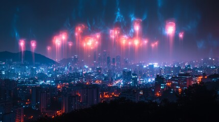Fototapeta premium Futuristic Seoul Nightscape with Neon Holographic Sports Streams Illuminating City Skyline