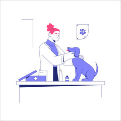 Female Veterinarian Examining Dog On Table In Flat Vector Illustration Symbolizing Pet Care, Veterinary Services, And Animal Health, Isolated On White Background.