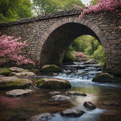 Fototapeta premium Pink blossoms framing an ancient stone bridge in a picturesque landscape.