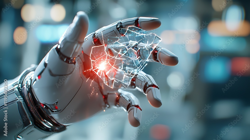 Poster futuristic image of an robot hand holding a shattered digital shield with glowing fractures represen