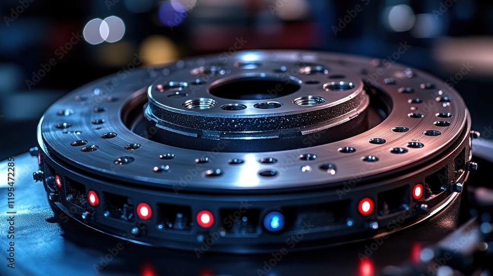 Poster close-up of a metallic brake disc with embedded sensors.