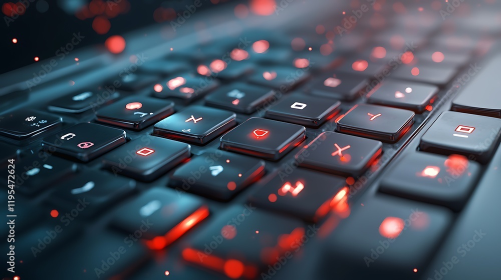 Poster futuristic keypad interface with glowing red breaches and cyberpunk inspired digital disruptions sho