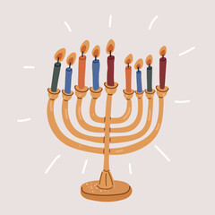 Cartoon vector illustration of a menorah with 9 candles, symbolizing the celebration of Hanukkah
