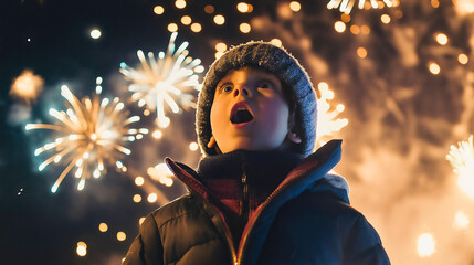 Child Watching Fireworks in Awe on a Festive Winter Night