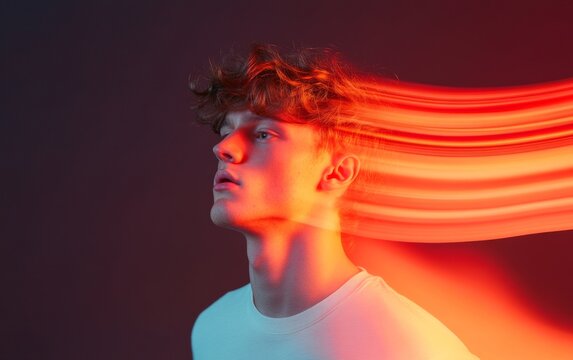Energetic Portrait of Young Man with Neon Motion Blur and Dynamic Light Trails