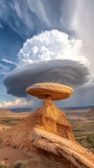 Mushroom rock dramatic cloud formations in desert landscape
