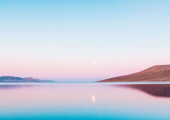 Fototapeta premium Serene Lake Reflection of Crescent Moon and Venus in Violet Twilight