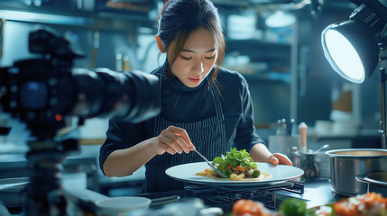Professional Chef Carefully Plating Gourmet Dish In Dark Kitchen Studio